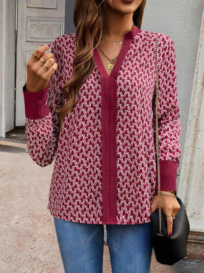 Blouses- Block Print Top | V-Neck Long Sleeve Blouse- - Pekosa Women Clothing