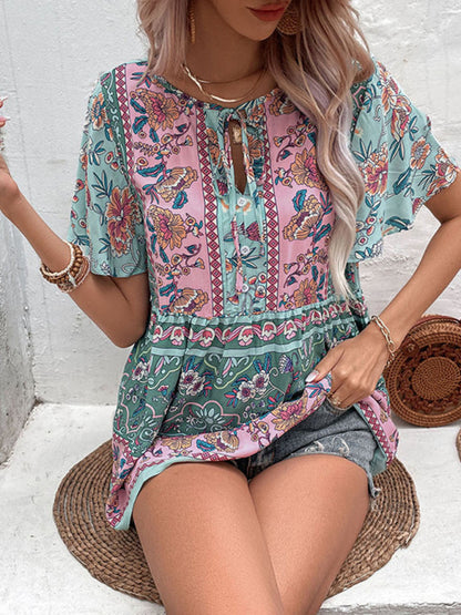 Blouses- Boho Floral Print Blouse - Short Flared Sleeve Top With Neck Tie- - Pekosa Women Clothing