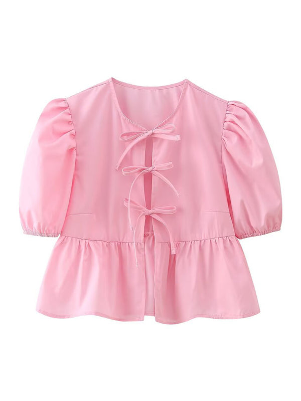 Bow-tiful Women's Open Ties Blouse with Puff Sleeves