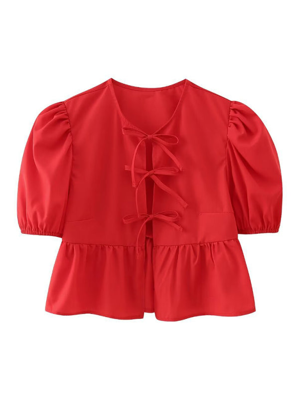 Bow-tiful Women's Open Ties Blouse with Puff Sleeves