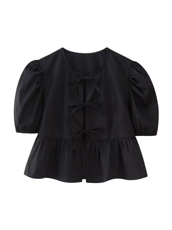 Bow-tiful Women's Open Ties Blouse with Puff Sleeves