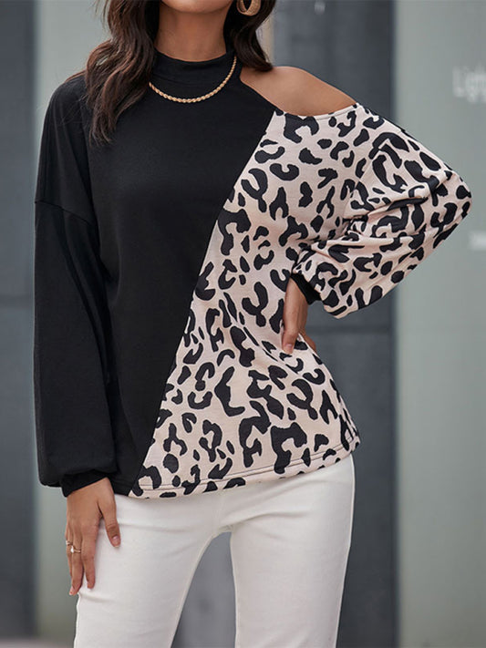 Blouses- Business Elegance Cold Shoulder Leopard Print Blouse- White- Pekosa Women Clothing