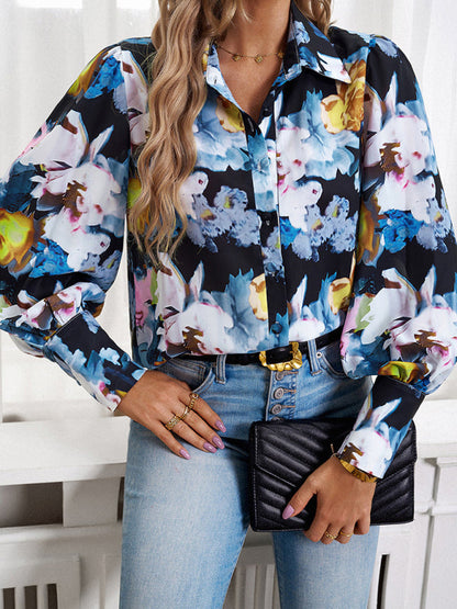 Blouses- Button-Down Balloon Sleeve Shirt - Vibrant Floral Top- - Pekosa Women Clothing