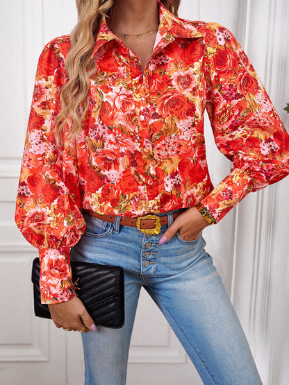 Blouses- Button-Down Balloon Sleeve Shirt - Vibrant Floral Top- - Pekosa Women Clothing