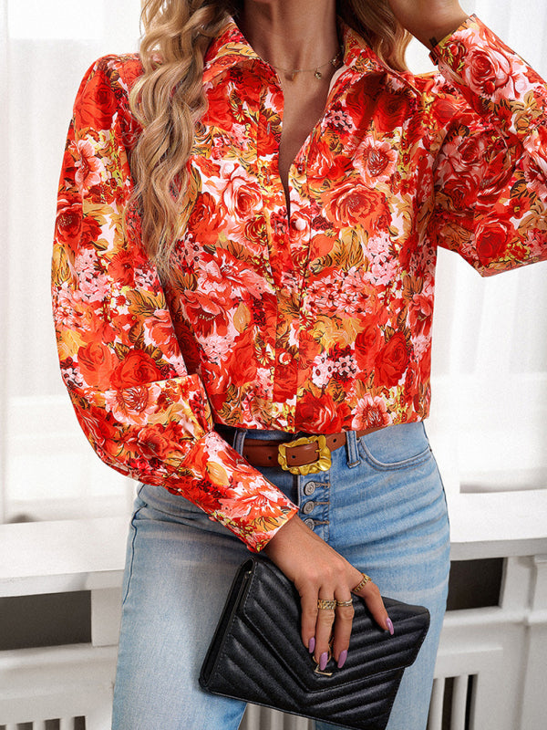 Blouses- Button-Down Balloon Sleeve Shirt - Vibrant Floral Top- - Pekosa Women Clothing