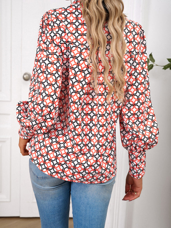 Blouses- Button-Down Balloon Sleeve Shirt - Vibrant Floral Top- - Pekosa Women Clothing