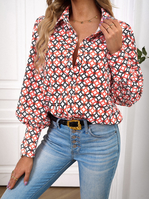 Blouses- Button-Down Balloon Sleeve Shirt - Vibrant Floral Top- - Pekosa Women Clothing