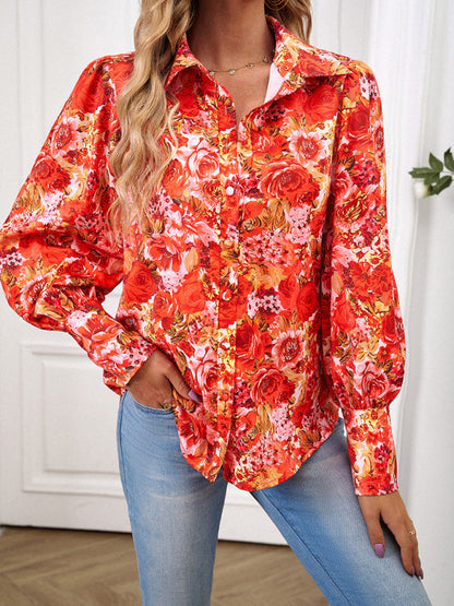 Blouses- Button-Down Balloon Sleeve Shirt - Vibrant Floral Top- - Pekosa Women Clothing