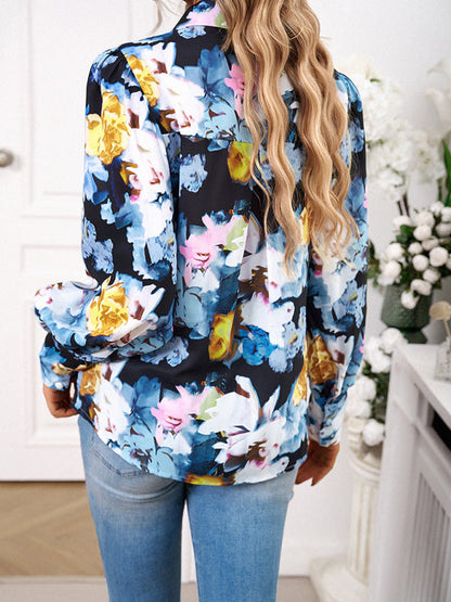 Blouses- Button-Down Balloon Sleeve Shirt - Vibrant Floral Top- - Pekosa Women Clothing