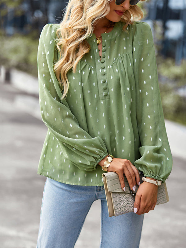 Blouses- Buttoned Long Sleeve Polka Dot Blouse in Chiffon- - Pekosa Women Clothing