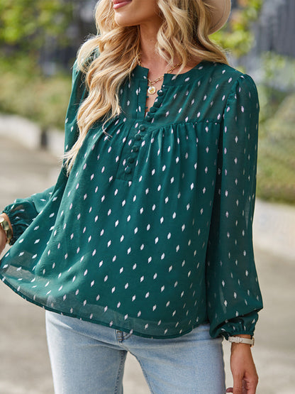 Blouses- Buttoned Long Sleeve Polka Dot Blouse in Chiffon- - Pekosa Women Clothing