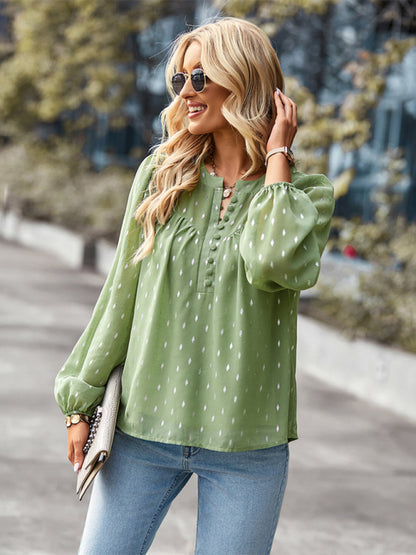 Blouses- Buttoned Long Sleeve Polka Dot Blouse in Chiffon- - Pekosa Women Clothing