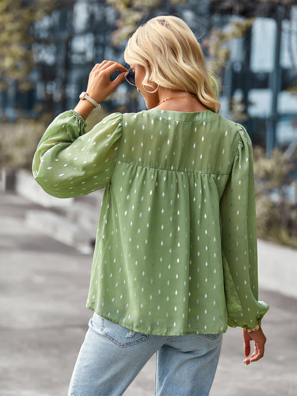 Blouses- Buttoned Long Sleeve Polka Dot Blouse in Chiffon- - Pekosa Women Clothing