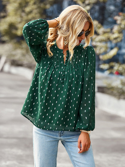 Blouses- Buttoned Long Sleeve Polka Dot Blouse in Chiffon- Green black jasper- Pekosa Women Clothing