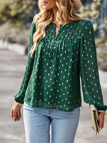 Blouses- Buttoned Long Sleeve Polka Dot Blouse in Chiffon- - Pekosa Women Clothing