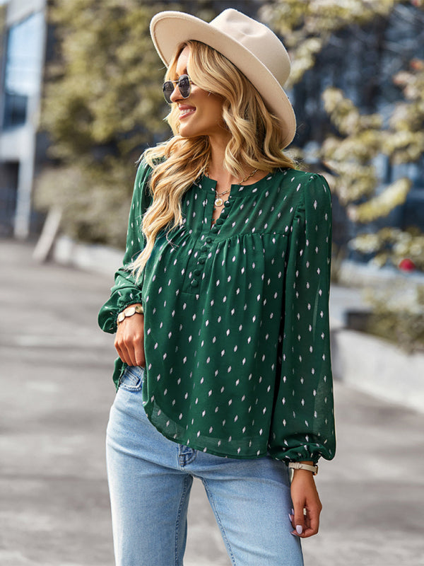 Blouses- Buttoned Long Sleeve Polka Dot Blouse in Chiffon- - Pekosa Women Clothing