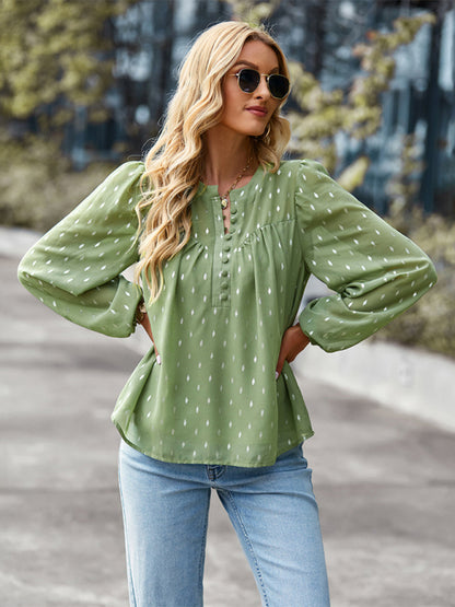 Blouses- Buttoned Long Sleeve Polka Dot Blouse in Chiffon- Green- Pekosa Women Clothing