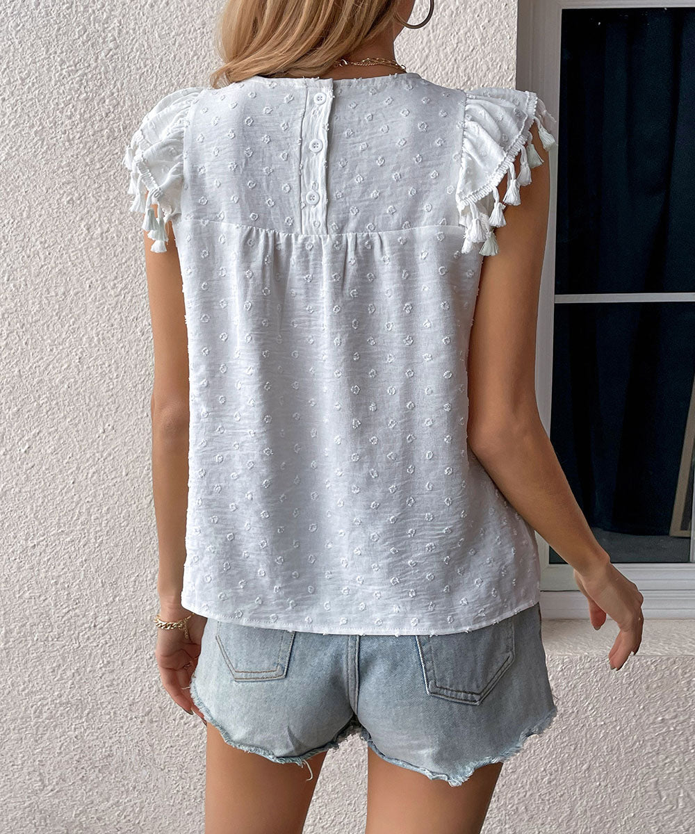 Blouses- Charm and Style: Women's Swiss Dot Blouse - Fringe Cap Sleeves Top- - Pekosa Women Clothing