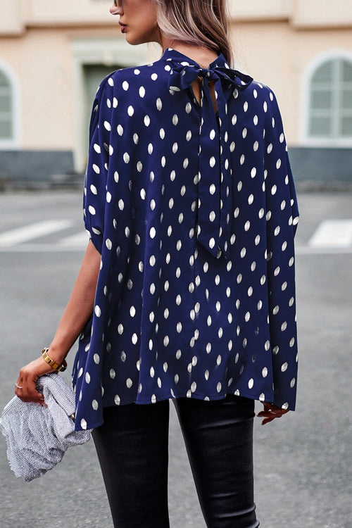 Blouses- Chic Bat Sleeve Blouse - Women's Loose Polka Dot High Neck Top- - Pekosa Women Clothing