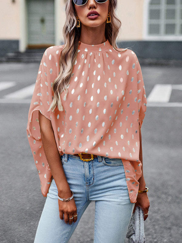 Blouses- Chic Bat Sleeve Blouse - Women's Loose Polka Dot High Neck Top- Pink- Pekosa Women Clothing