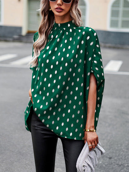 Blouses- Chic Bat Sleeve Blouse - Women's Loose Polka Dot High Neck Top- Green- Pekosa Women Clothing