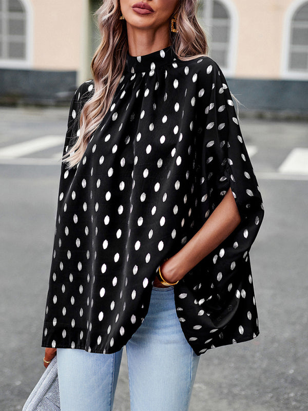 Blouses- Chic Bat Sleeve Blouse - Women's Loose Polka Dot High Neck Top- Black- Pekosa Women Clothing