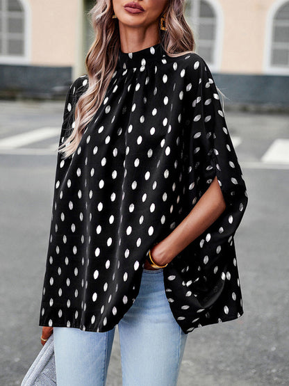 Blouses- Chic Bat Sleeve Blouse - Women's Loose Polka Dot High Neck Top- Black- Pekosa Women Clothing