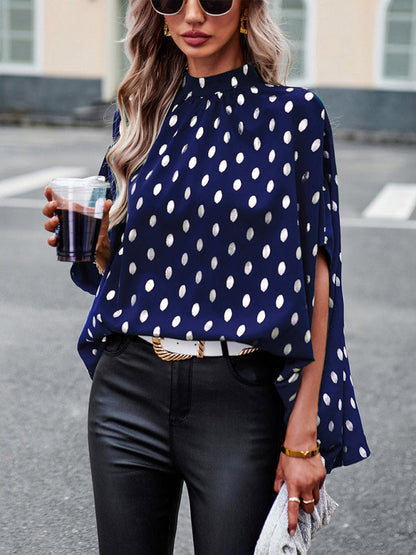 Blouses- Chic Bat Sleeve Blouse - Women's Loose Polka Dot High Neck Top- Blue- Pekosa Women Clothing