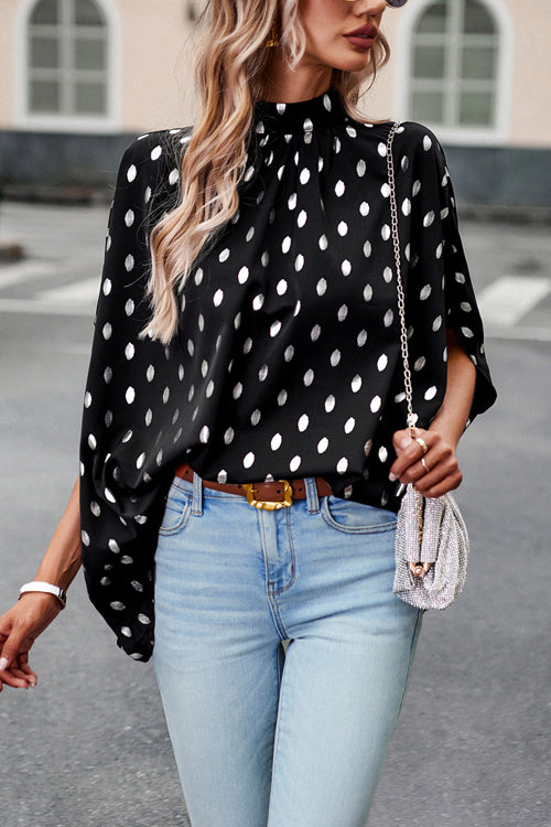 Blouses- Chic Bat Sleeve Blouse - Women's Loose Polka Dot High Neck Top- - Pekosa Women Clothing