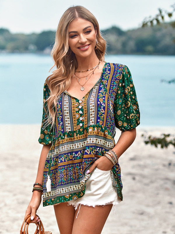 Blouses- Chic Boho Print Blouse - Peplum Silhouette & Tassel Drawstring Top- - Pekosa Women Clothing