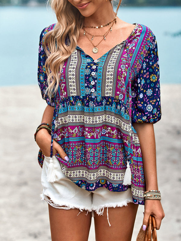 Blouses- Chic Boho Print Blouse - Peplum Silhouette & Tassel Drawstring Top- - Pekosa Women Clothing