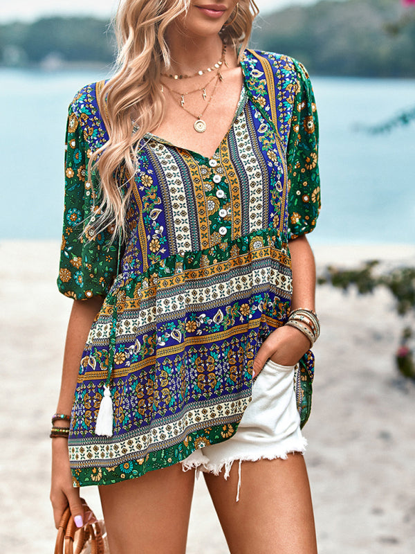 Blouses- Chic Boho Print Blouse - Peplum Silhouette & Tassel Drawstring Top- Green- Pekosa Women Clothing