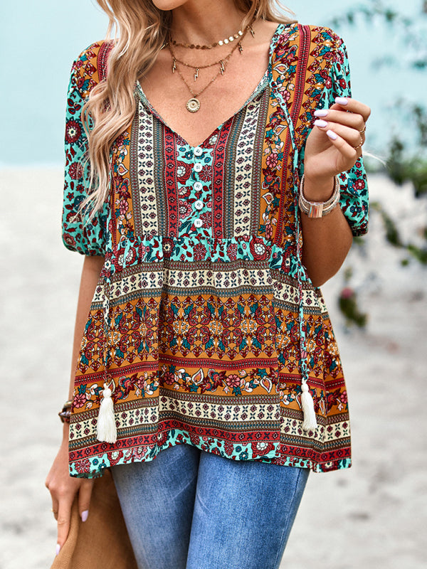 Blouses- Chic Boho Print Blouse - Peplum Silhouette & Tassel Drawstring Top- - Pekosa Women Clothing