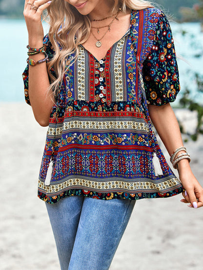 Blouses- Chic Boho Print Blouse - Peplum Silhouette & Tassel Drawstring Top- - Pekosa Women Clothing