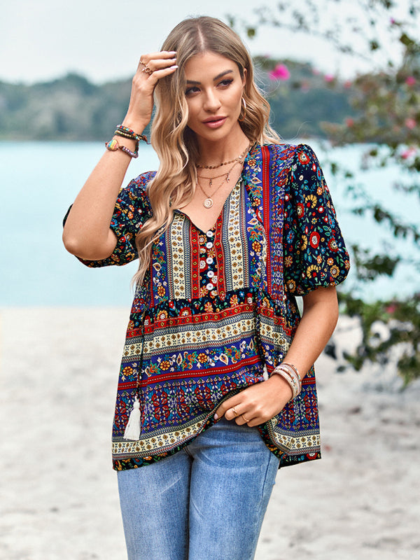 Blouses- Chic Boho Print Blouse - Peplum Silhouette & Tassel Drawstring Top- - Pekosa Women Clothing