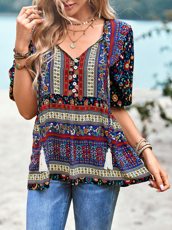 Blouses- Chic Boho Print Blouse - Peplum Silhouette & Tassel Drawstring Top- - Pekosa Women Clothing