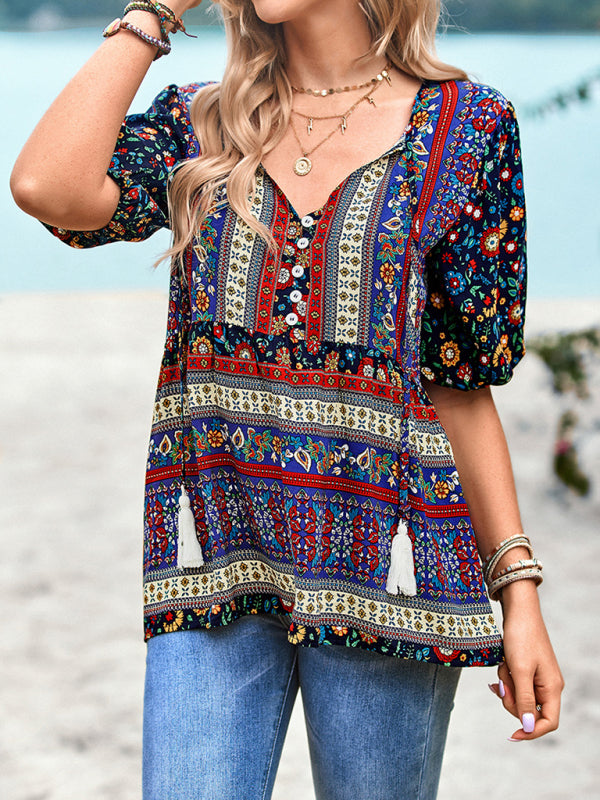 Blouses- Chic Boho Print Blouse - Peplum Silhouette & Tassel Drawstring Top- - Pekosa Women Clothing