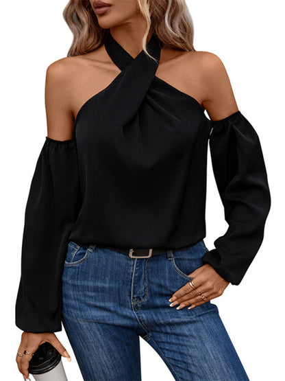 Blouses- Chic Flounce Long Sleeve Top - Cold Shoulder Blouse- - Pekosa Women Clothing