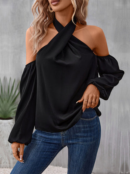 Blouses- Chic Flounce Long Sleeve Top - Cold Shoulder Blouse- - Pekosa Women Clothing