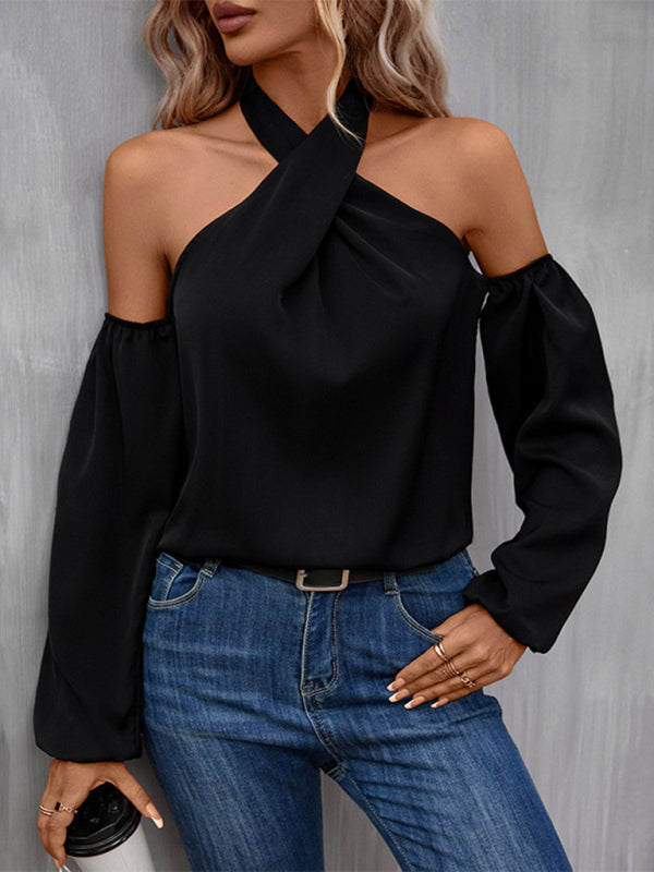 Blouses- Chic Flounce Long Sleeve Top - Cold Shoulder Blouse- Black- Pekosa Women Clothing