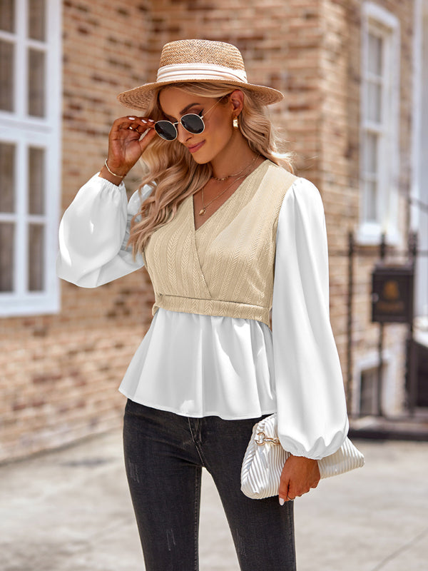 Blouses- Chic Office Shirt: Women's 2-in-1 Frenchy Puff Sleeve Blouse- - Pekosa Women Clothing