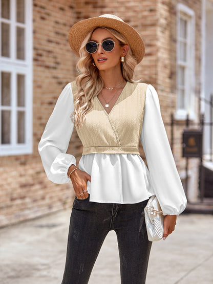 Blouses- Chic Office Shirt: Women's 2-in-1 Frenchy Puff Sleeve Blouse- Beige khaki- Pekosa Women Clothing