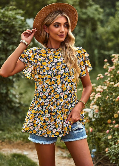 Blouses- Chic Peplum Silhouette Blouses: Ruffle Neck & Short Petal Sleeves Tops- Yellow- Pekosa Women Clothing