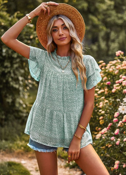 Blouses- Chic Peplum Silhouette Blouses: Ruffle Neck & Short Petal Sleeves Tops- Green- Pekosa Women Clothing