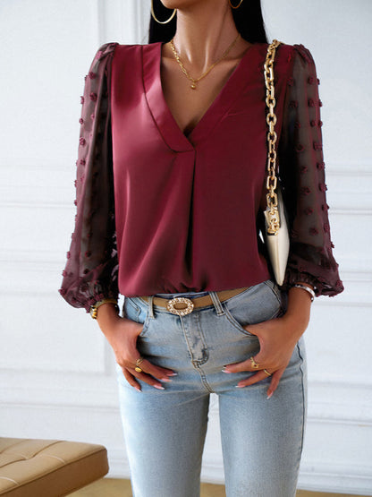 Blouses- Chic V Neck Blouse - Swiss Dot Jacquard Long Sleeves Top- Wine Red- Pekosa Women Clothing