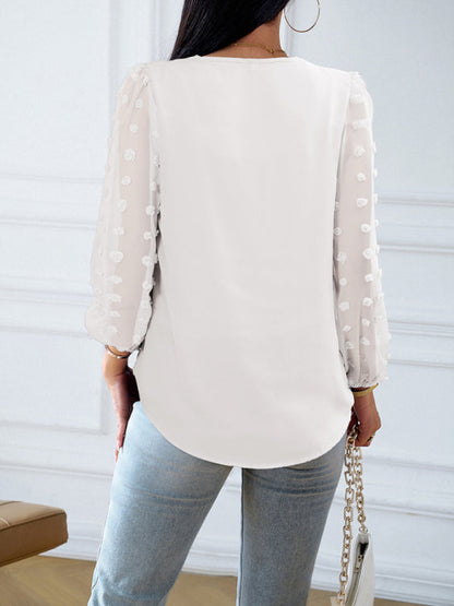 Blouses- Chic V Neck Blouse - Swiss Dot Jacquard Long Sleeves Top- - Pekosa Women Clothing