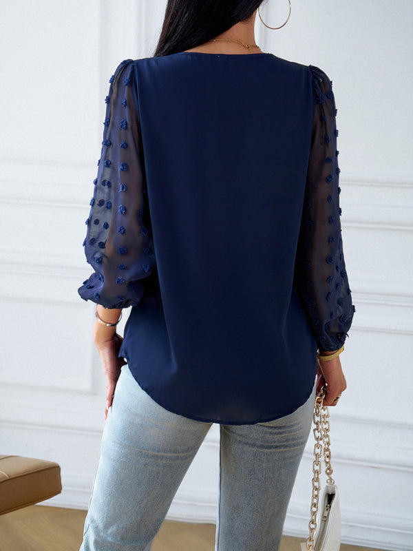 Blouses- Chic V Neck Blouse - Swiss Dot Jacquard Long Sleeves Top- - Pekosa Women Clothing