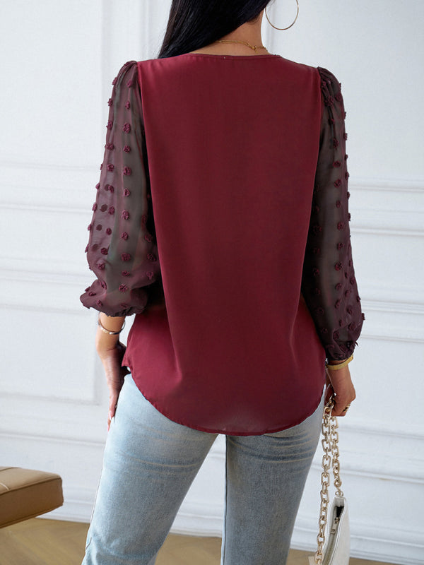 Blouses- Chic V Neck Blouse - Swiss Dot Jacquard Long Sleeves Top- - Pekosa Women Clothing