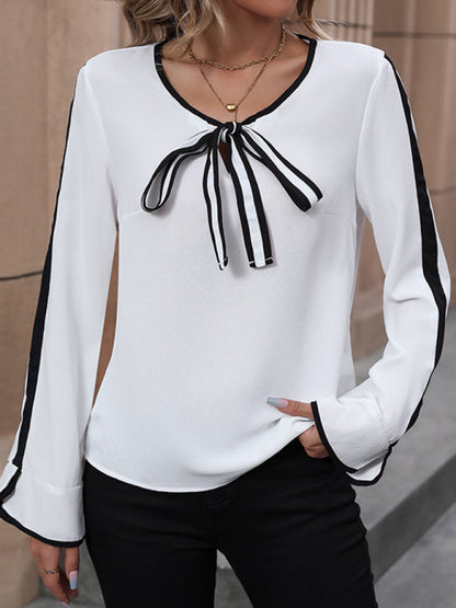 Blouses- Classy Long Sleeve Knot Blouse with Contrasting Details- White- Pekosa Women Clothing