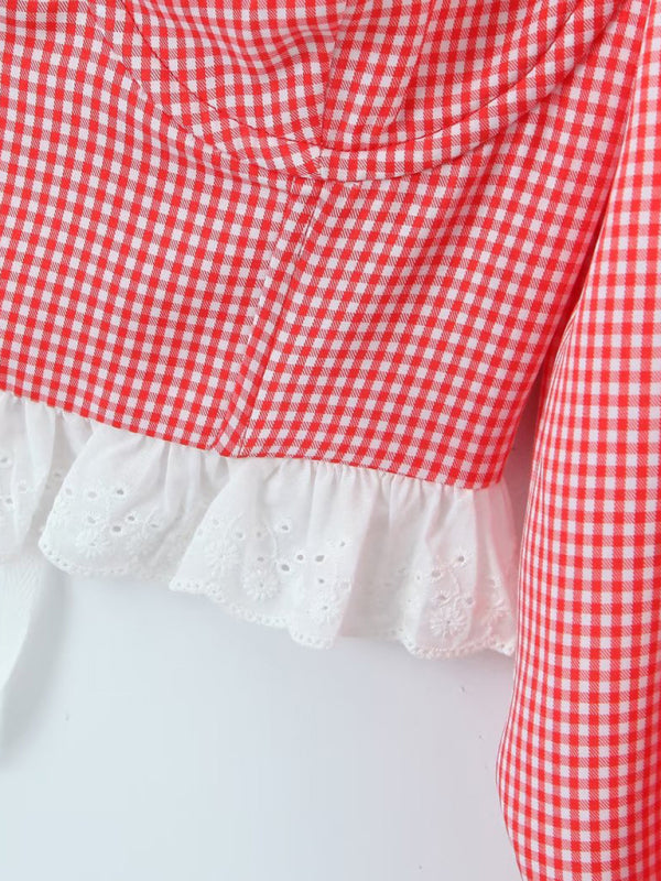 Blouses- Country Girl Vibes: Plaid Corset Crop Blouse - Balloon Sleeves Top- - Pekosa Women Clothing